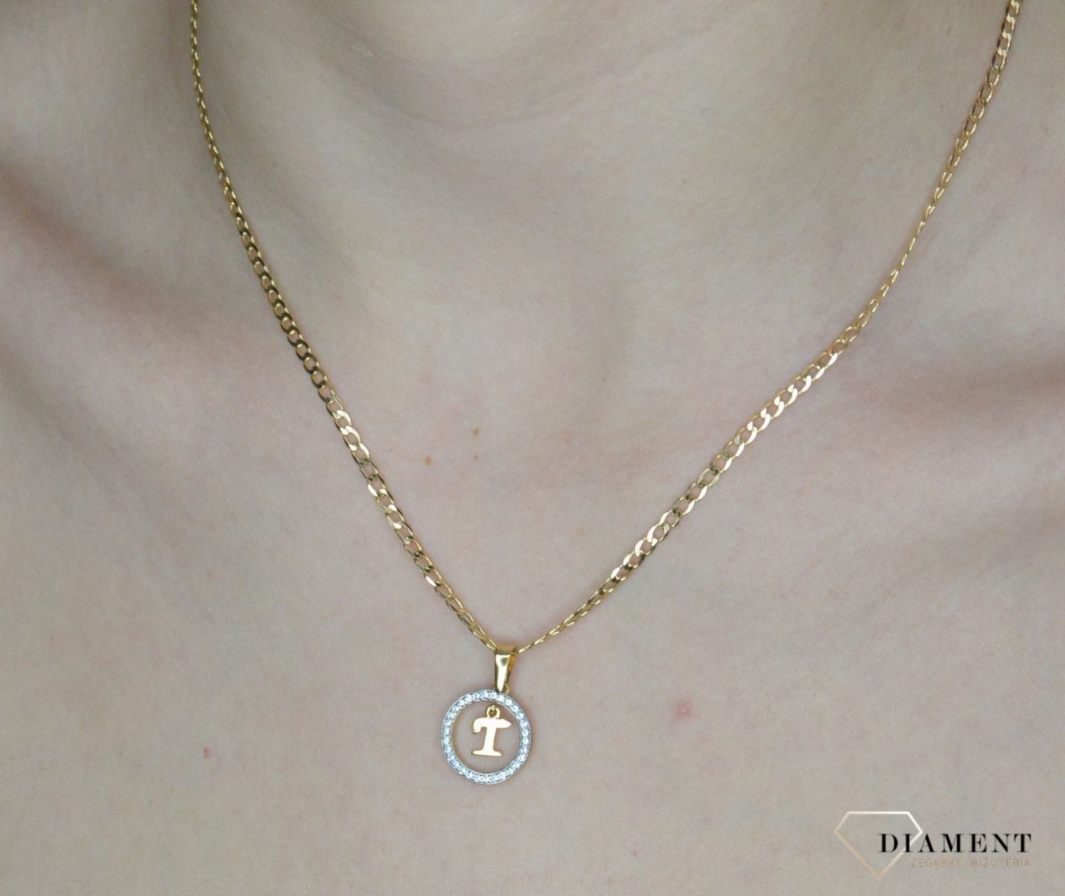 Złota zawieszka damska literka T 333 Złota literka T w kółeczku z cyrkoniami Z-441 T.jpg